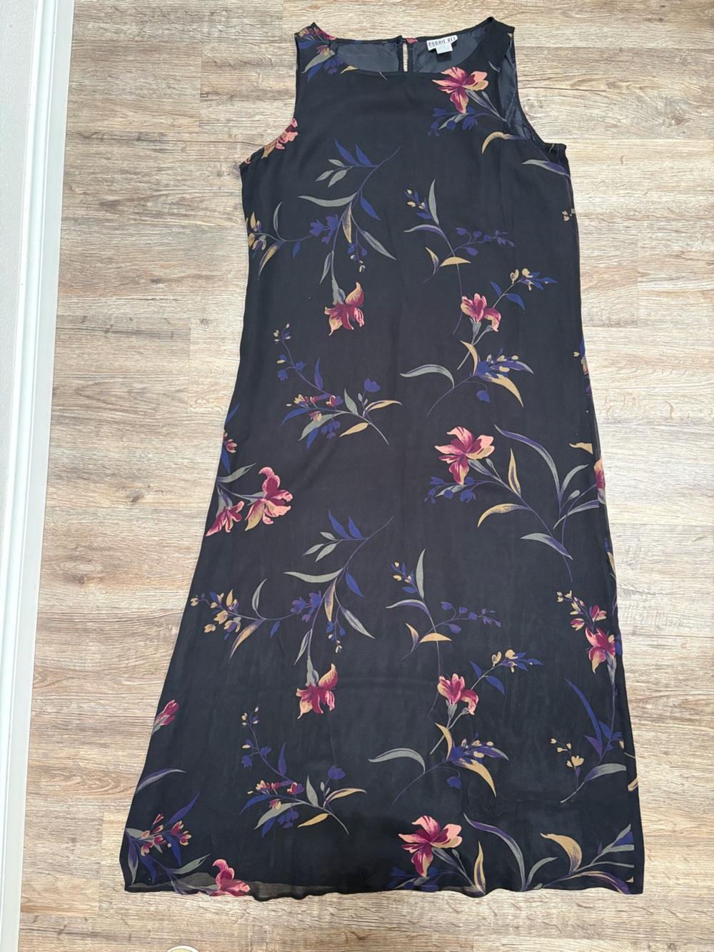 Robbie Bee Silk Black Maxi Dress with Pink & Purple Floral Print